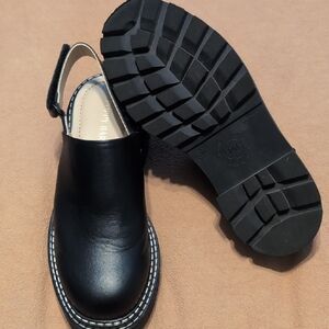 Black Leather Clogs with Strap